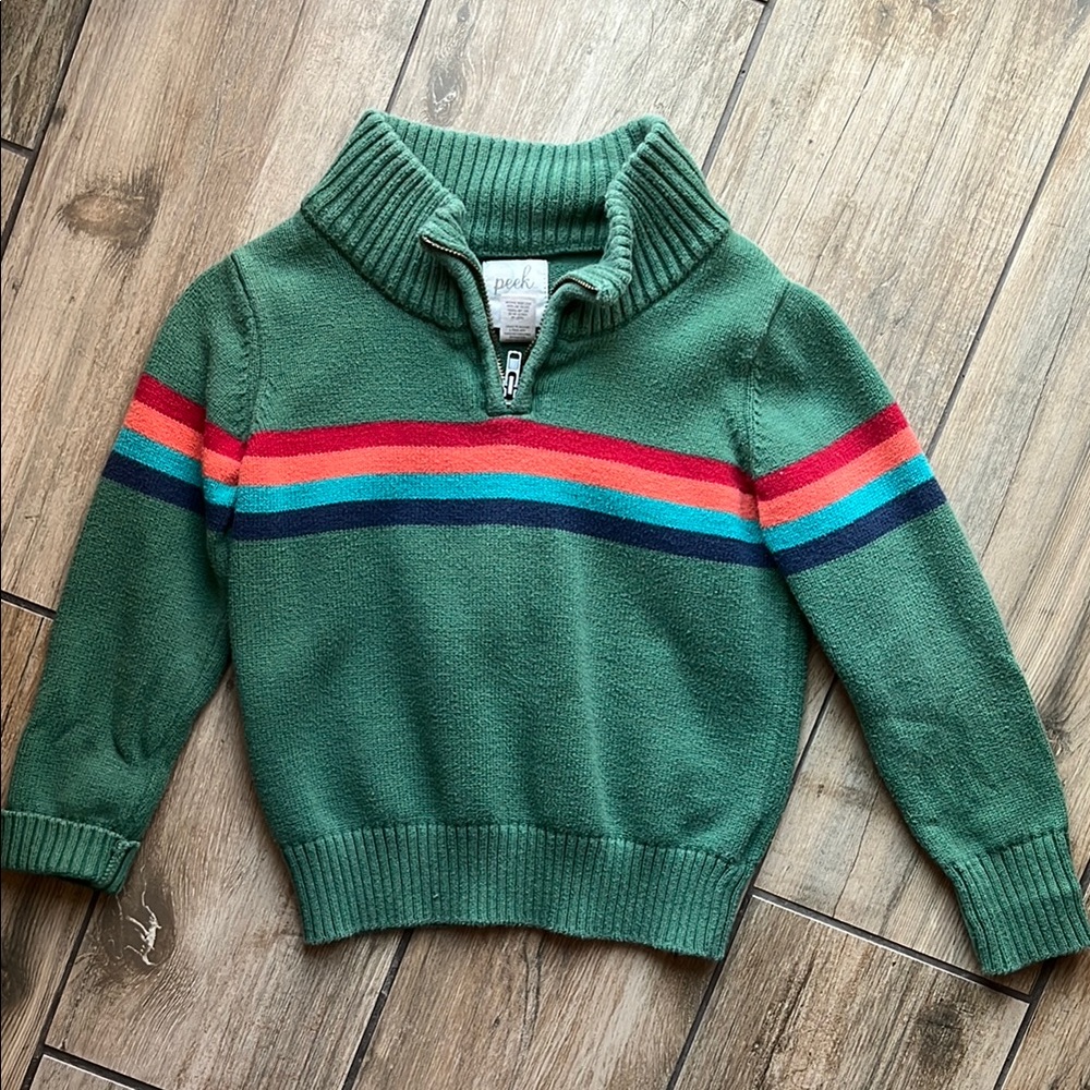 Green Sweater with Colorful Stripes